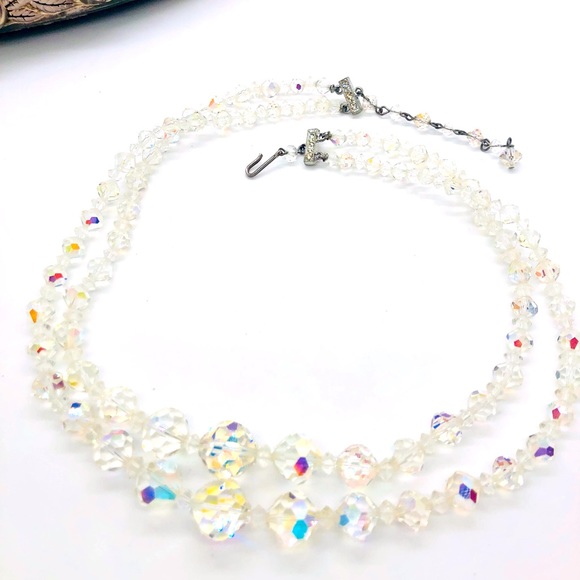 Vintage Faceted AB Crystal Aurora Borealis Clear Glass Bead Necklace